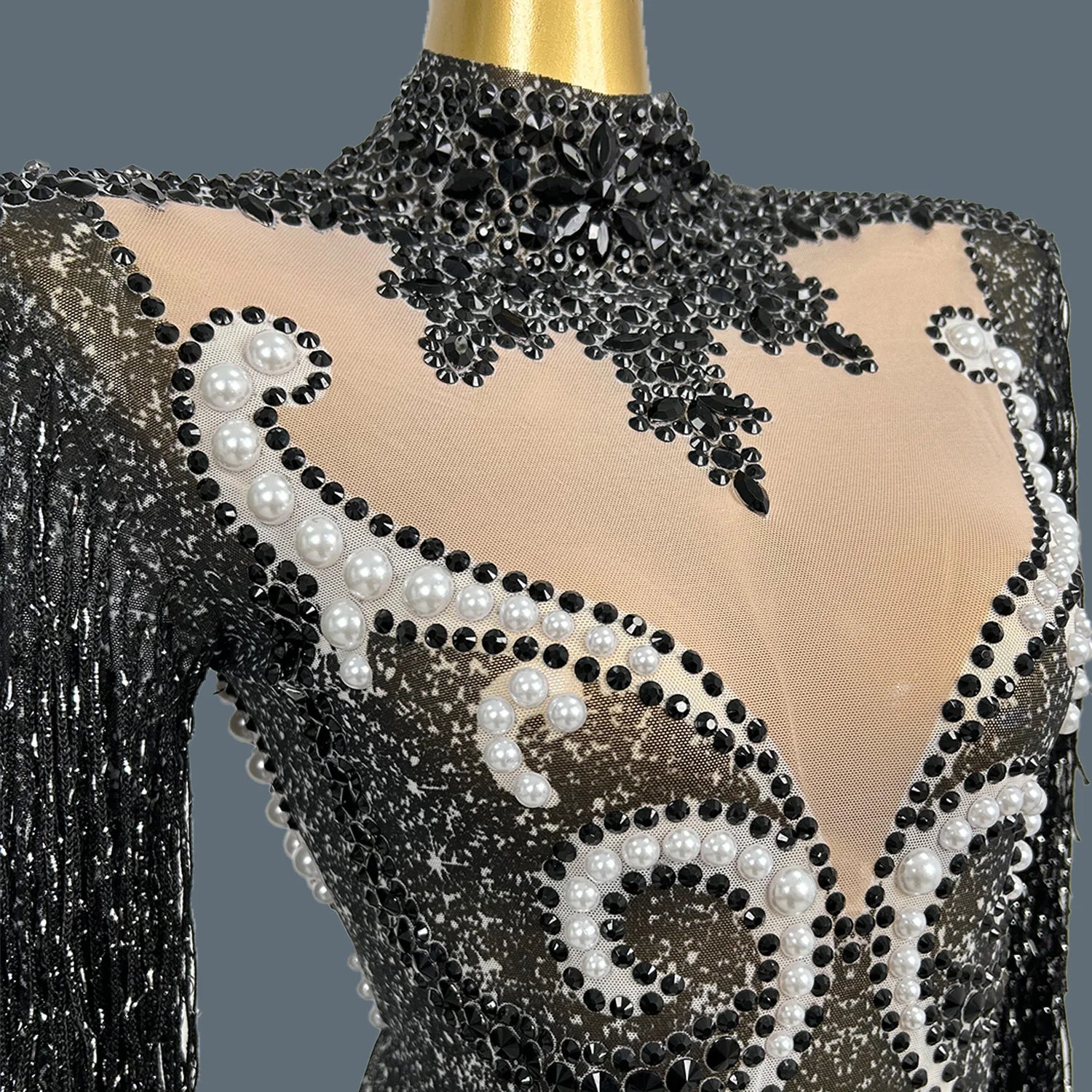 Pearl & Rhinestone Tassel Stage Costume Bodysuit Dance Leotard