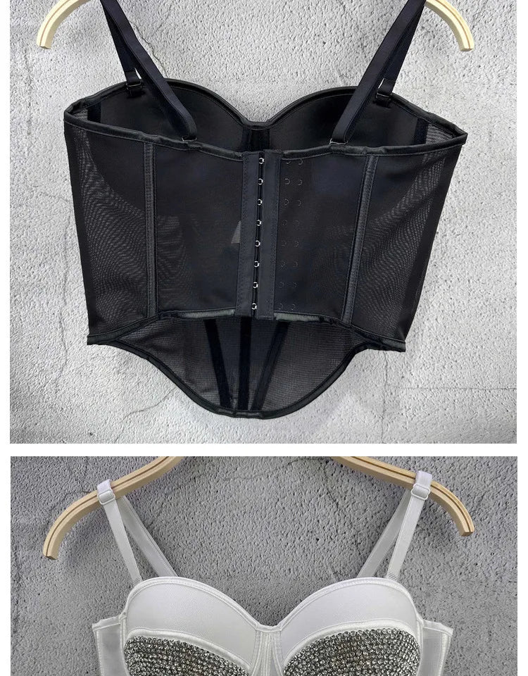 Rhinestone Mesh Denim Bustier Corset Crop Top Push-Up Party Bralette