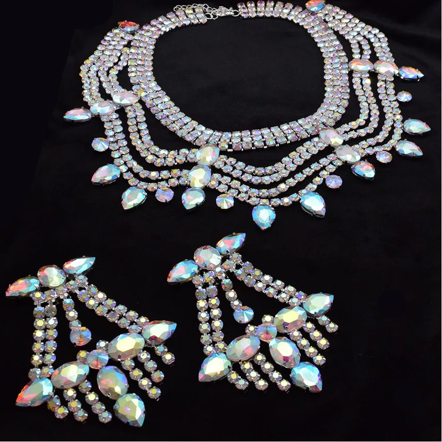 Multi layered Wave Rhinestone Necklace & Earring Set