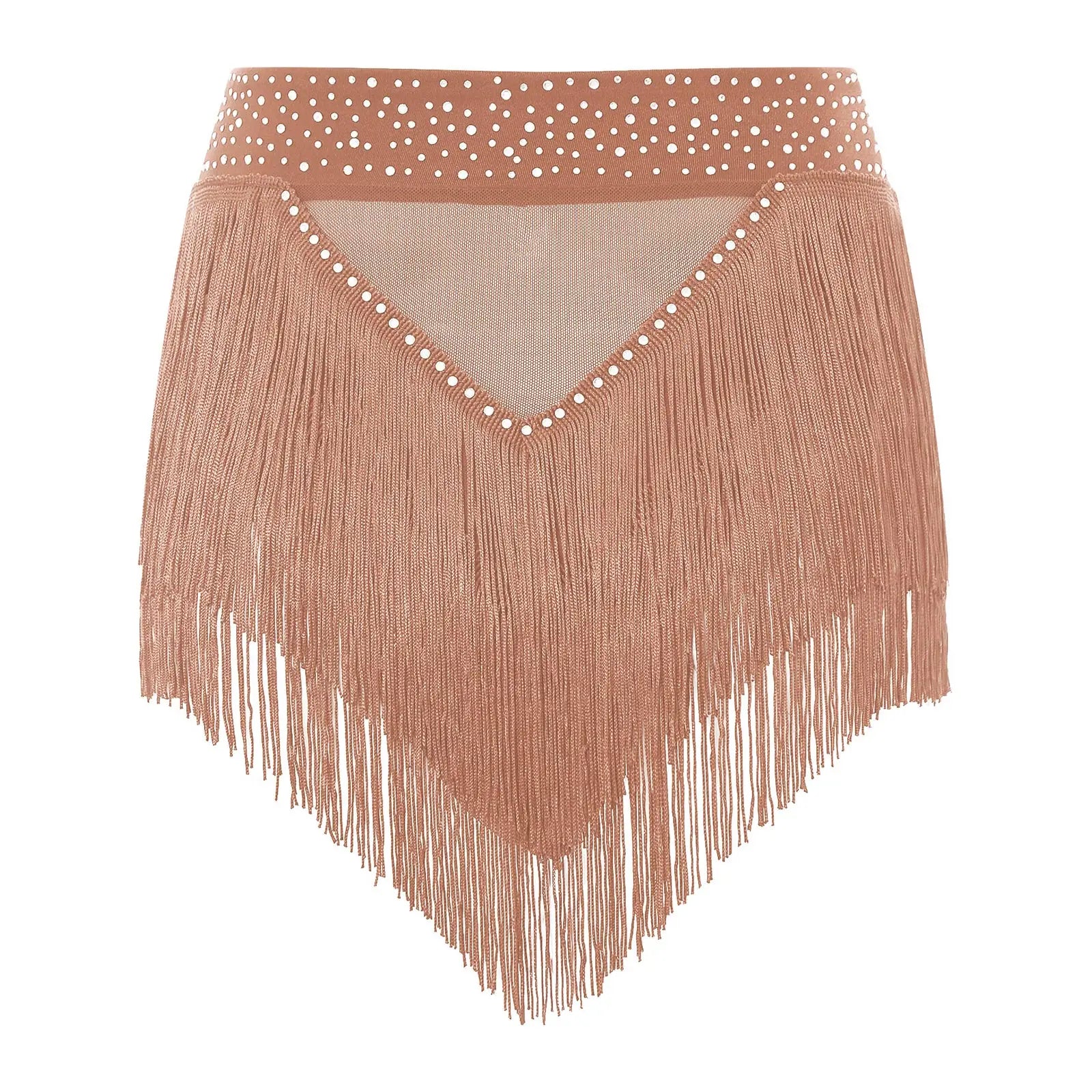 Rhinestone Tassel High-Waist Dance Shorts & Sheer Mesh Fringe Skirt