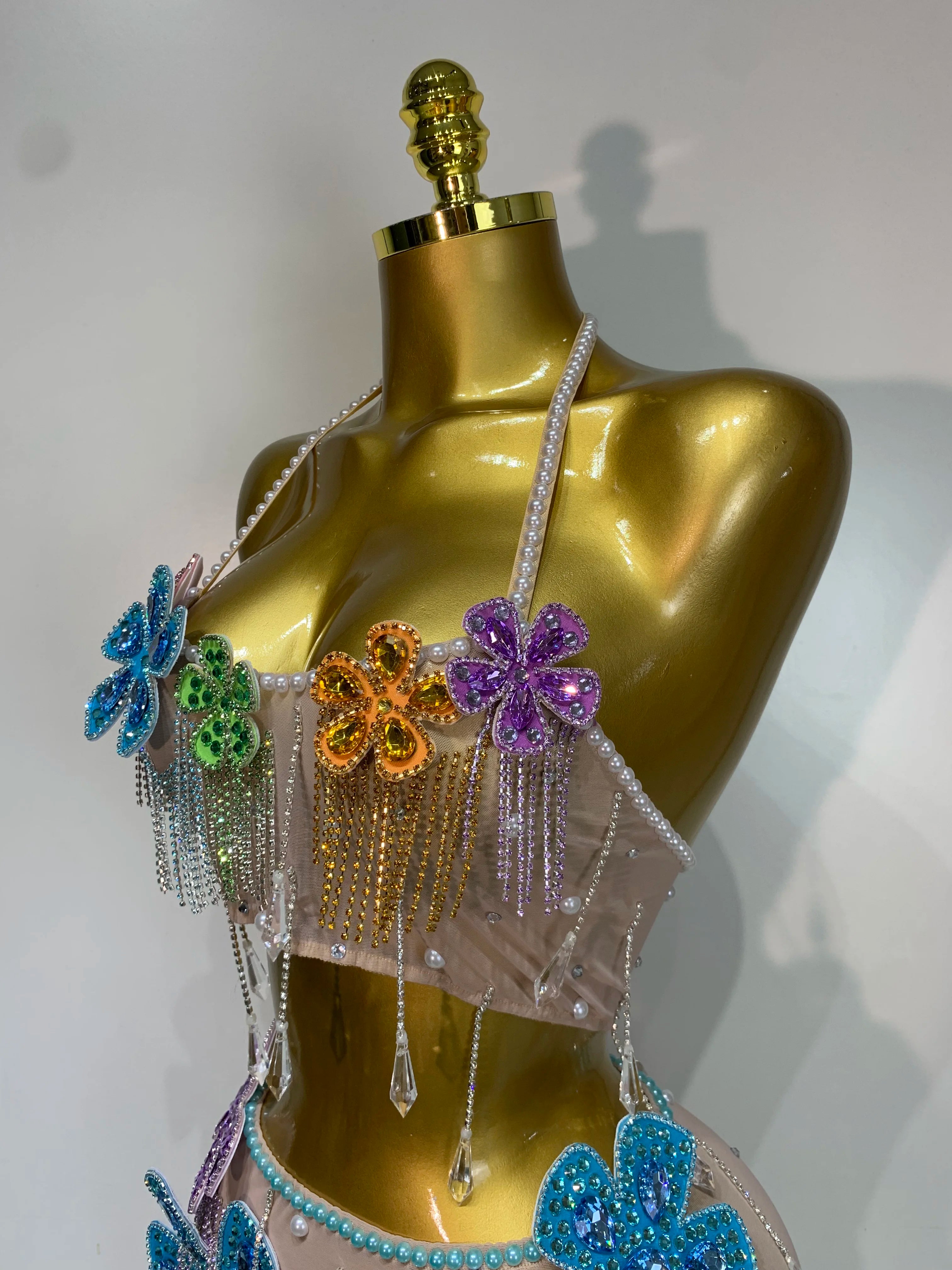Colorful Rhinestone Pearl Sheer Dress & Two-Piece Mini Skirt Set Celebration Outfit
