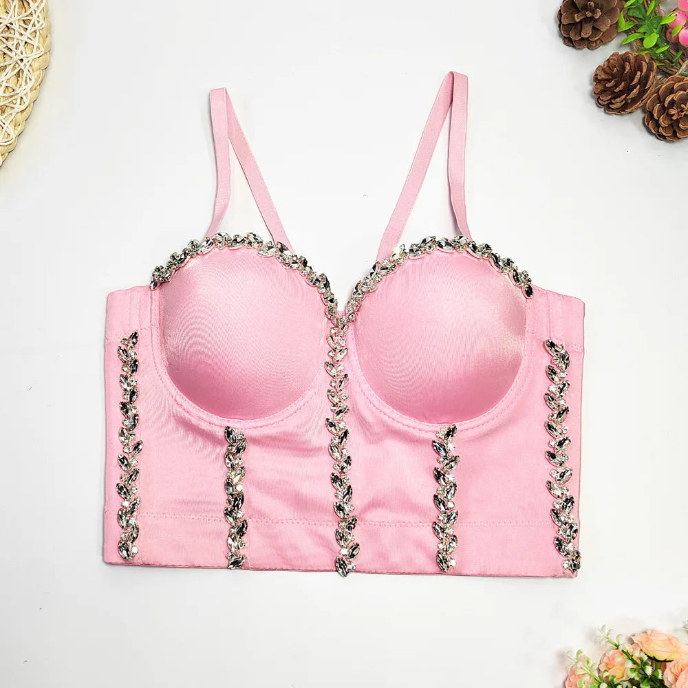 Crystal Chain Strap Bustier Corset Crop Top Hook-and-Eye Stage Bralette