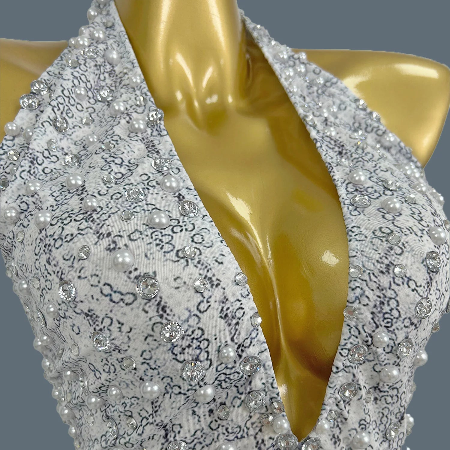 Sparkly Pearl & Crystal Tassel Deep V-Neck Backless White Stage Bodysuit Leotard