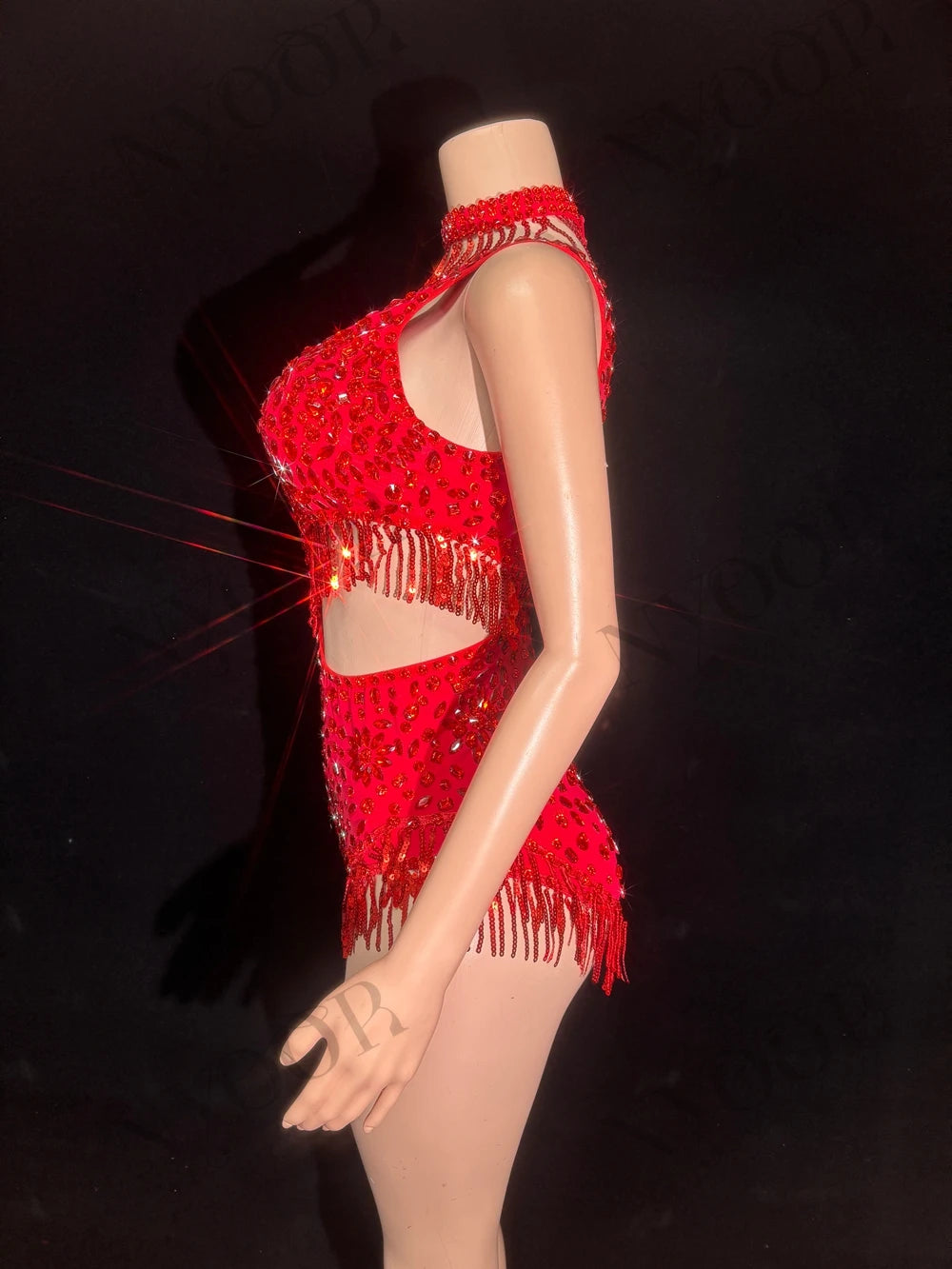 Sparkly Rhinestone Tassel Mock Neck Bodysuit Sleeveless Showgirl Stage Leotard