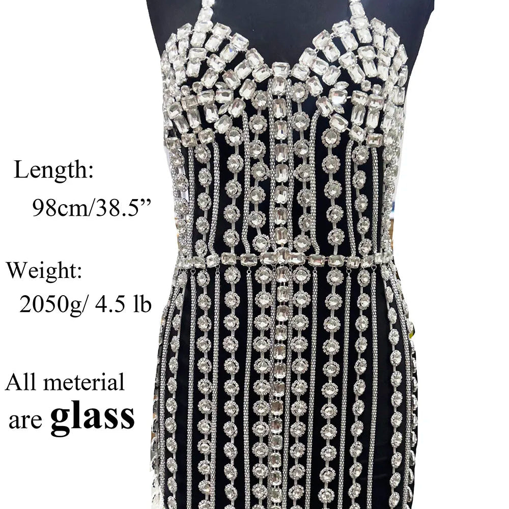 Sparkly Glass Crystal Tassel Body Chain Dress Drag Queen Stage Backless Mini Skirt