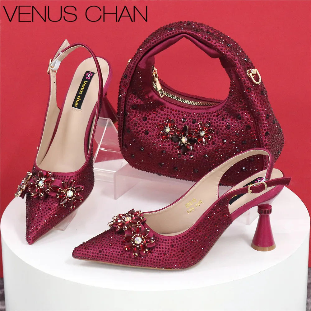 Pointed Toe Rhinestone High Heels Shoes and Bags Set