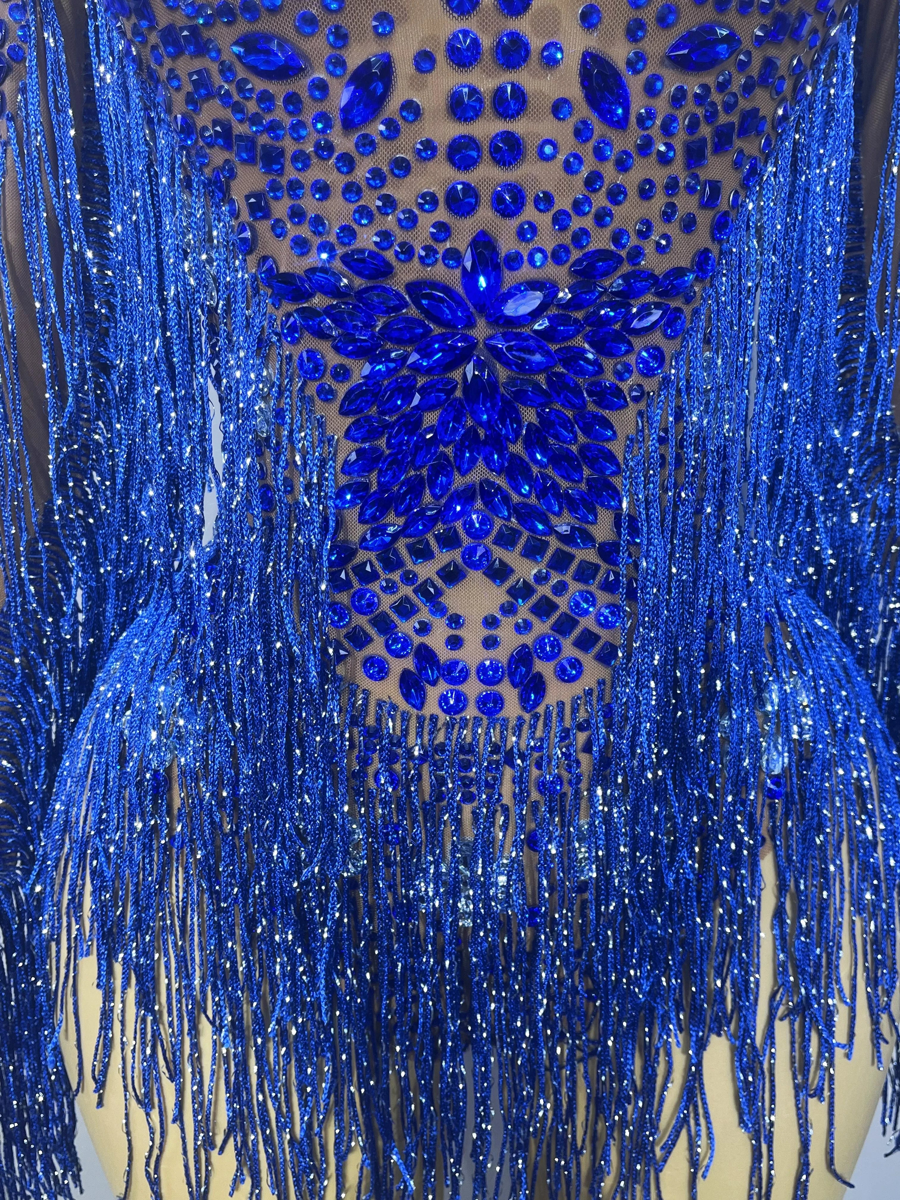 Sparkly Rhinestone Tassel High-Cut Stage Performance Bodysuit Dance Leotard