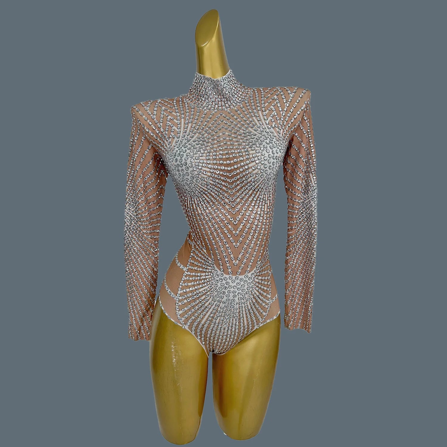 Sparkly Nude Rhinestone Dance Performance Leotard Stage Bodysuit