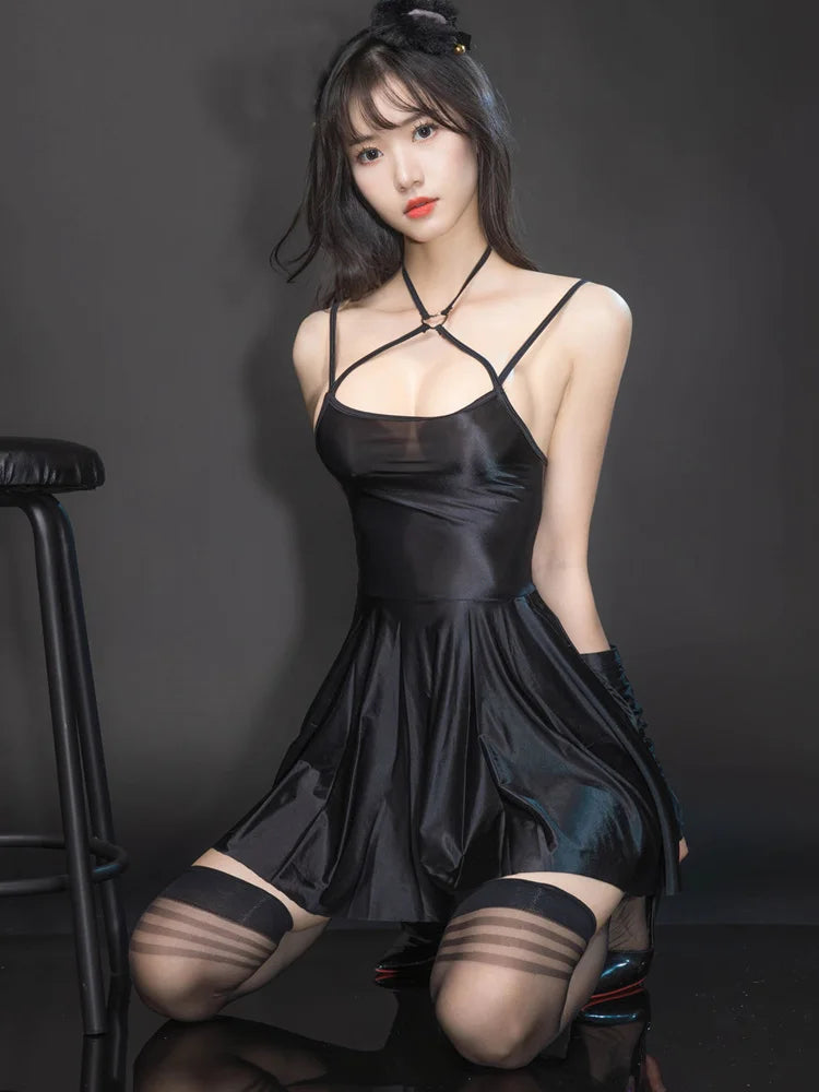 Sexy Backless Satin Smooth Oil Glossy Pleated Micro MINI Dress Bandage Sleeveless Tight Uniform Maid Ruffled Dress Stage Wear