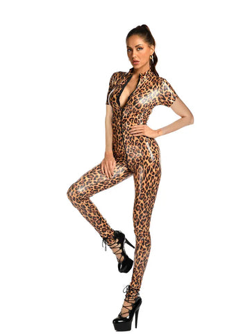 Leopard Print Open Crotch Wet-Look Faux Leather Jumpsuit Stage Cat-Suit Costume