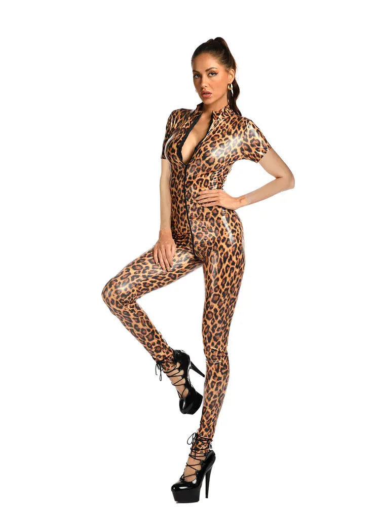Leopard Print Open Crotch Wet-Look Faux Leather Jumpsuit Stage Cat-Suit Costume