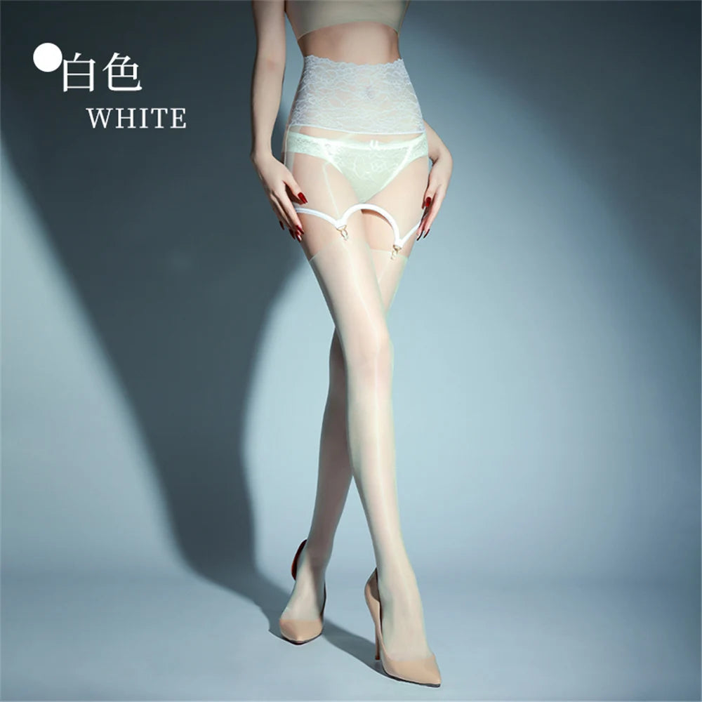 2-in-1 Oil Glossy 1D Sheer Garter Stockings with Lace Package Hip Skirt Tights Set