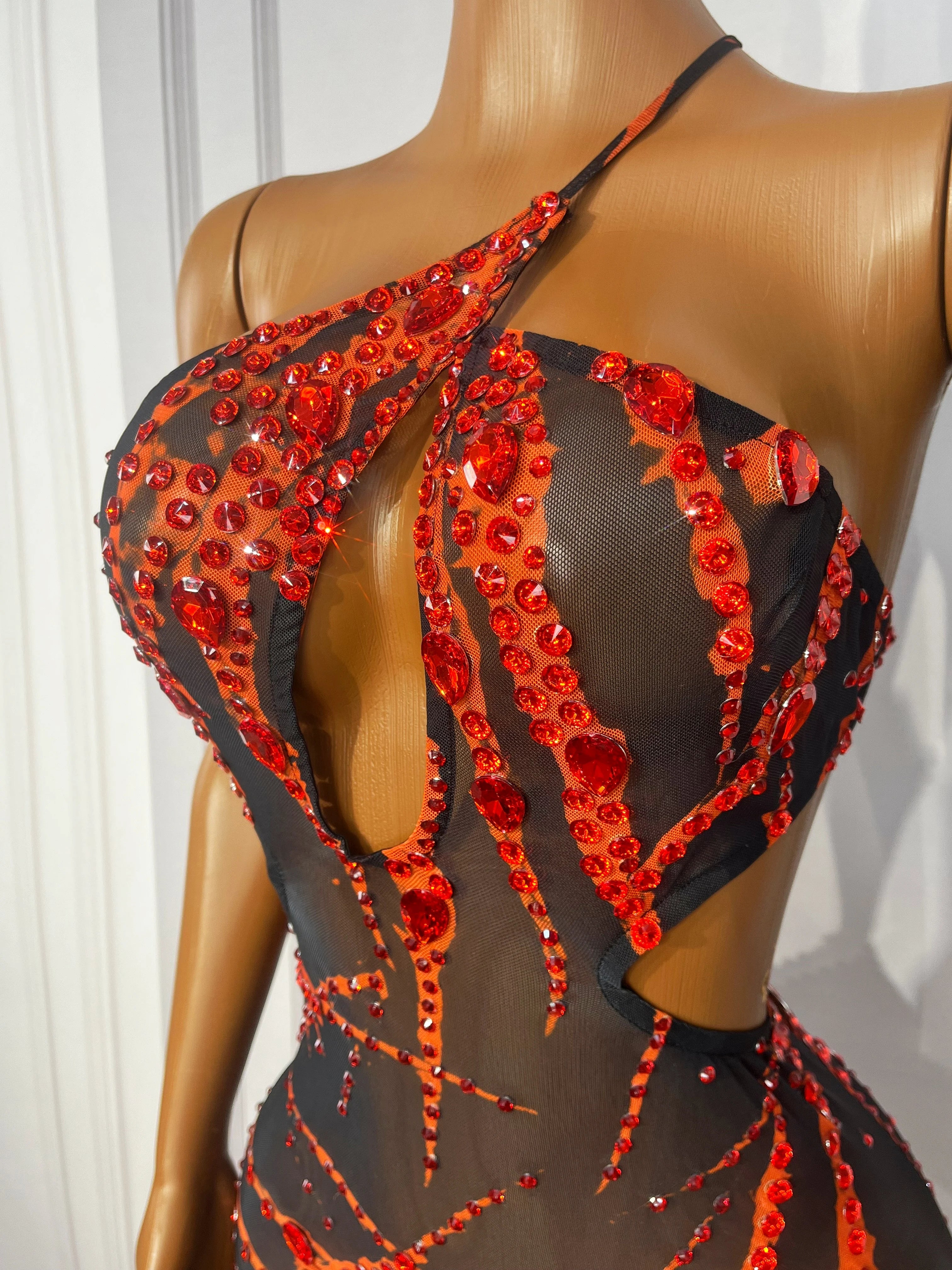 Crimson Flame Rhinestone Mesh Mini Dress Keyhole Cutout Backless Stage Costume