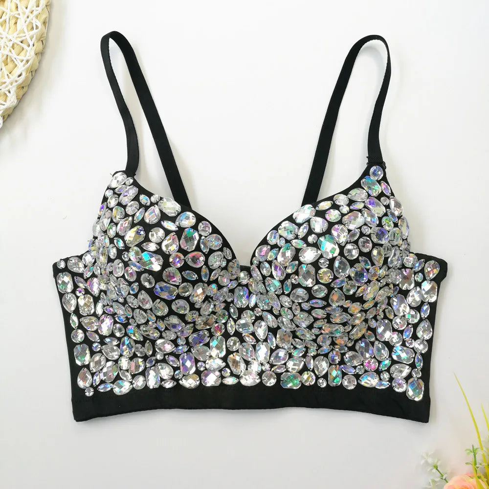 Rhinestone Glitter Bustier Corset Top Hook-and-Eye Nightclub Party Bralette