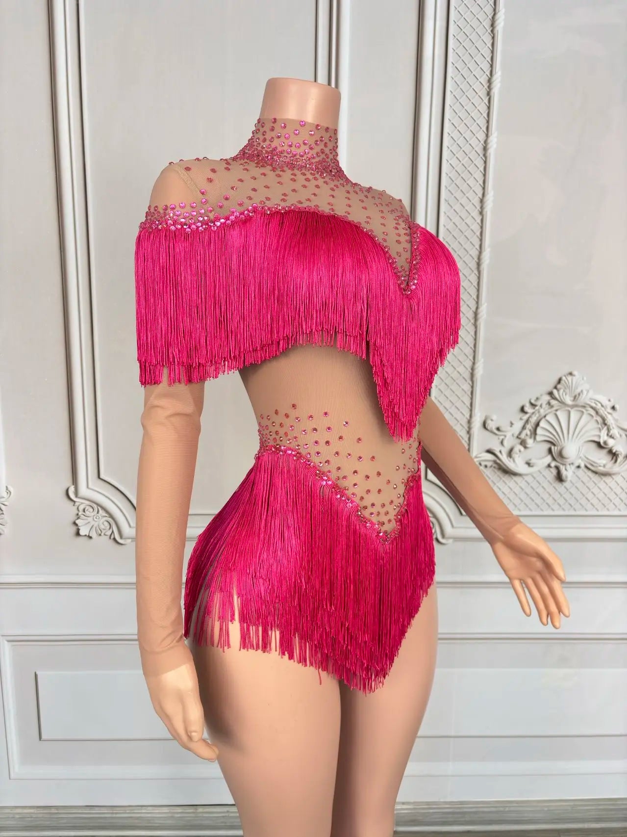 Sparkly Rhinestone Tassel Fringe Dance Performance Costume Stage Bodysuit