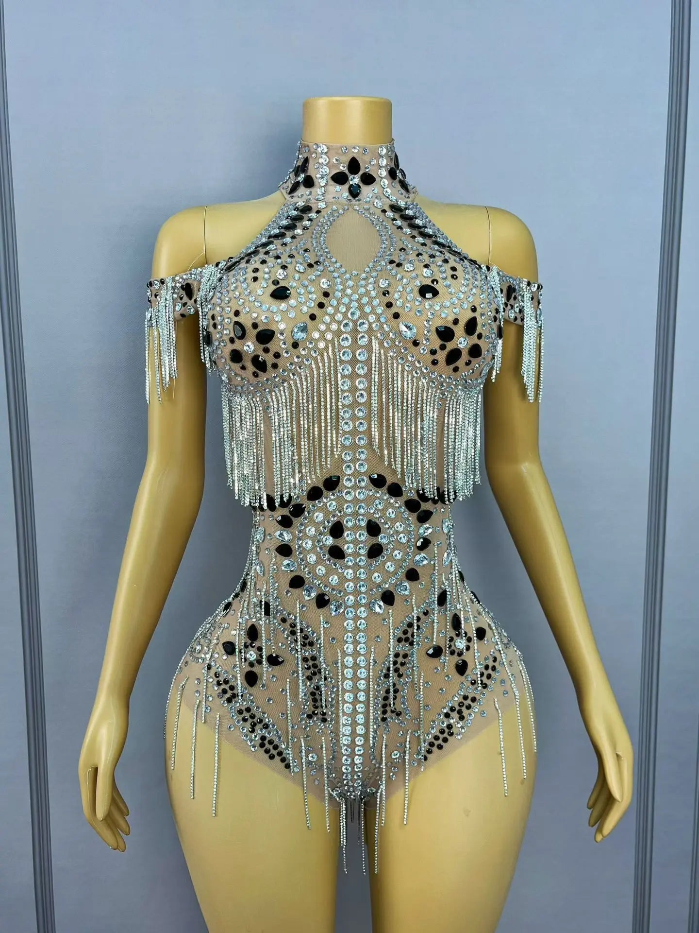 Luxury Rhinestone Sheer Mesh Bodysuit Drag Queen Stage Costume Leotard