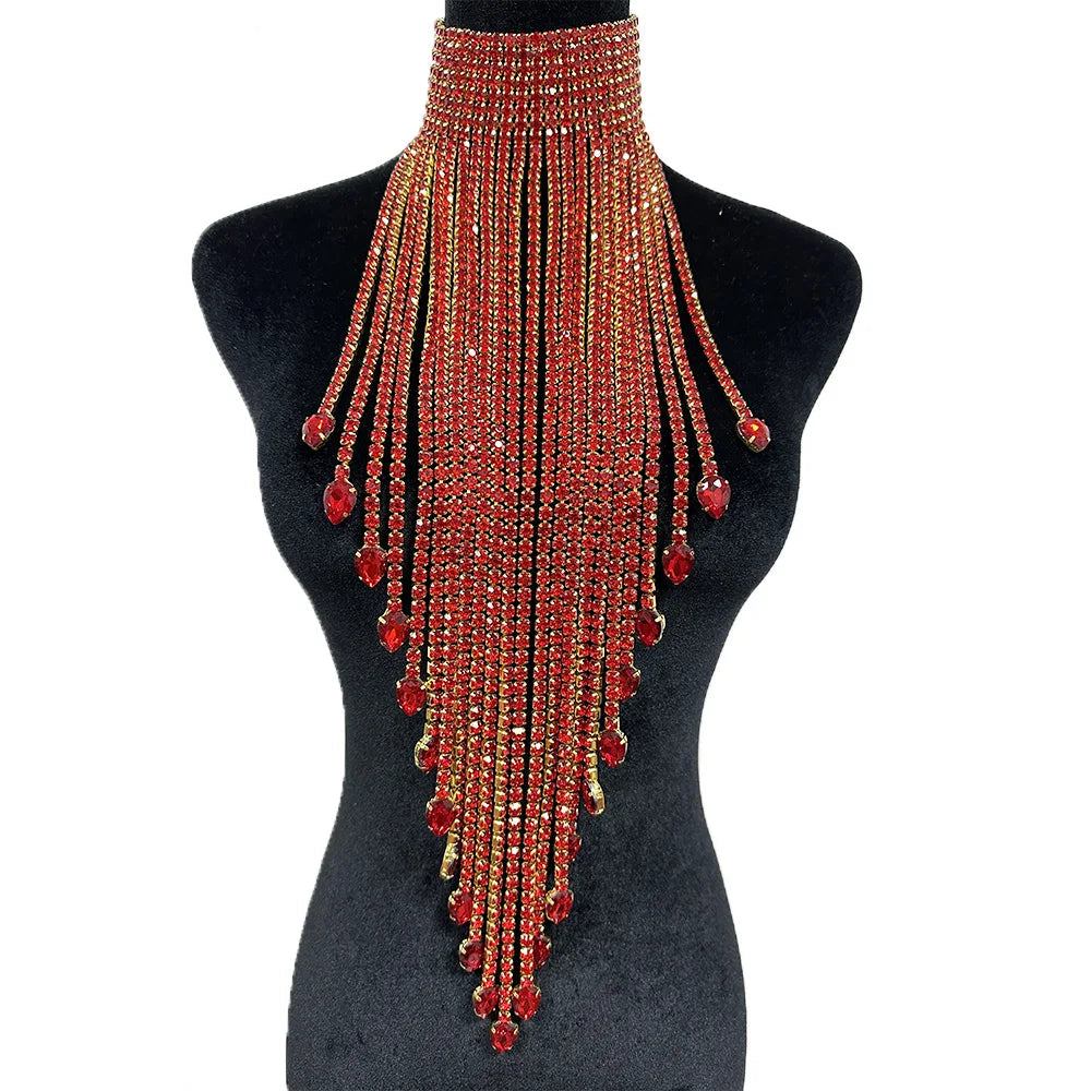 Luxury Rhinestone Long Tassel Statement Choker – Waist-Length Crystal Drop Necklace for Weddings, Galas & High-Fashion Clubwear