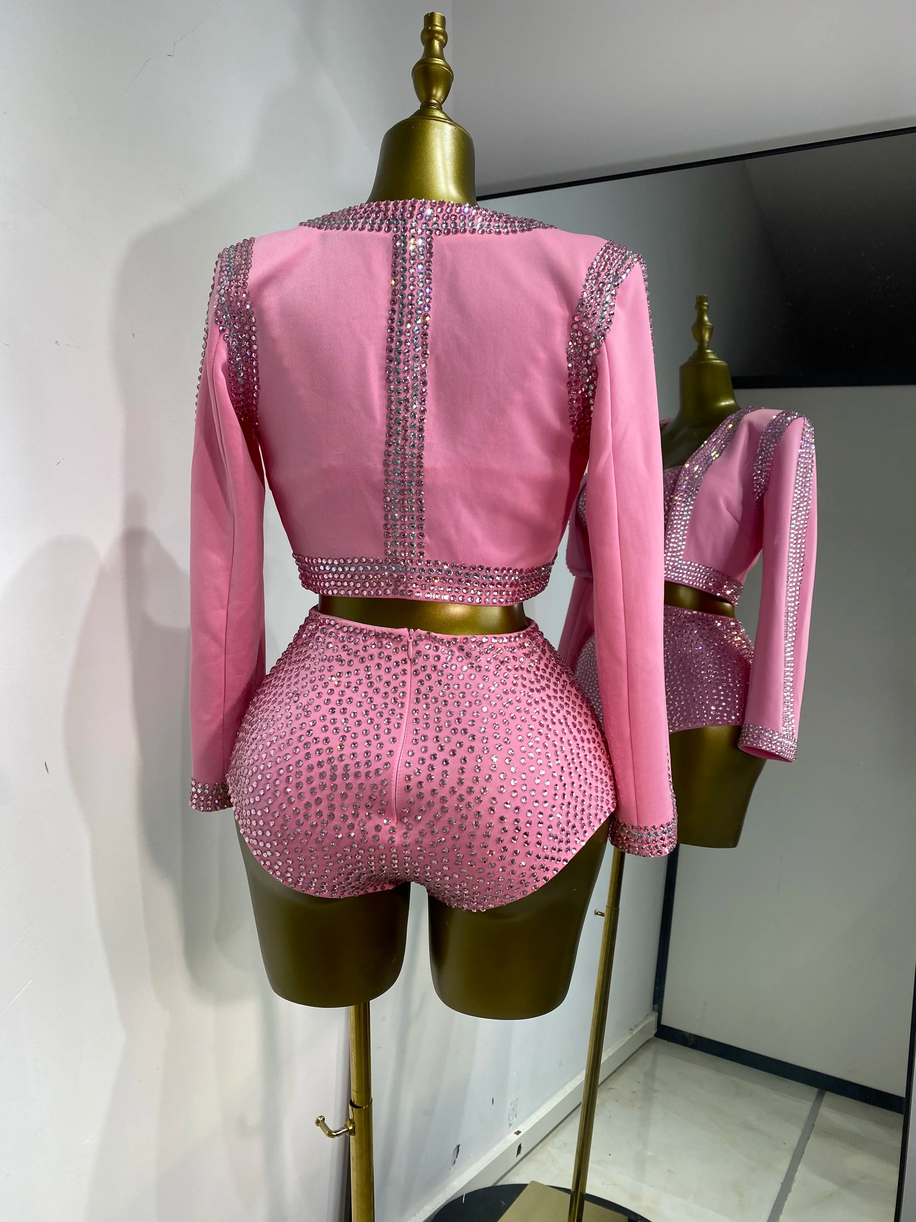 Rhinestone Bustier, High-Waist Mini Shorts & Cropped Jacket 3-Piece Performance Costume Set
