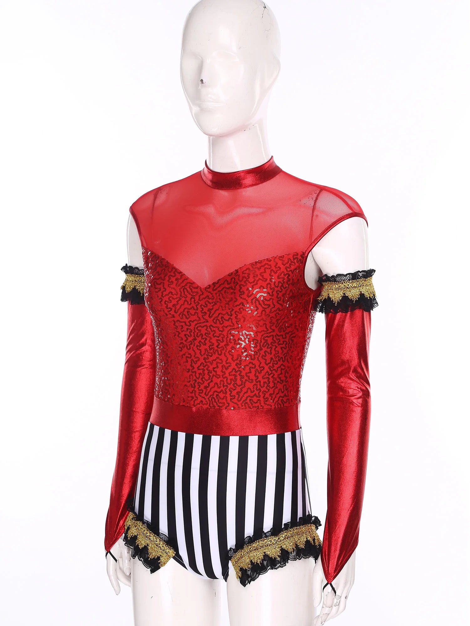 Circus Ringmaster Sequin Striped Bodysuit & Metallic Gloves 2-Piece Stage Costume Set