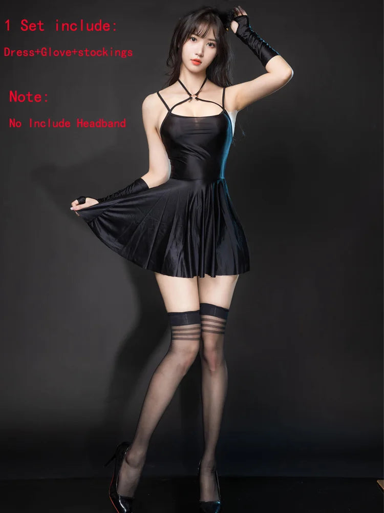 Sexy Backless Satin Smooth Oil Glossy Pleated Micro MINI Dress Bandage Sleeveless Tight Uniform Maid Ruffled Dress Stage Wear