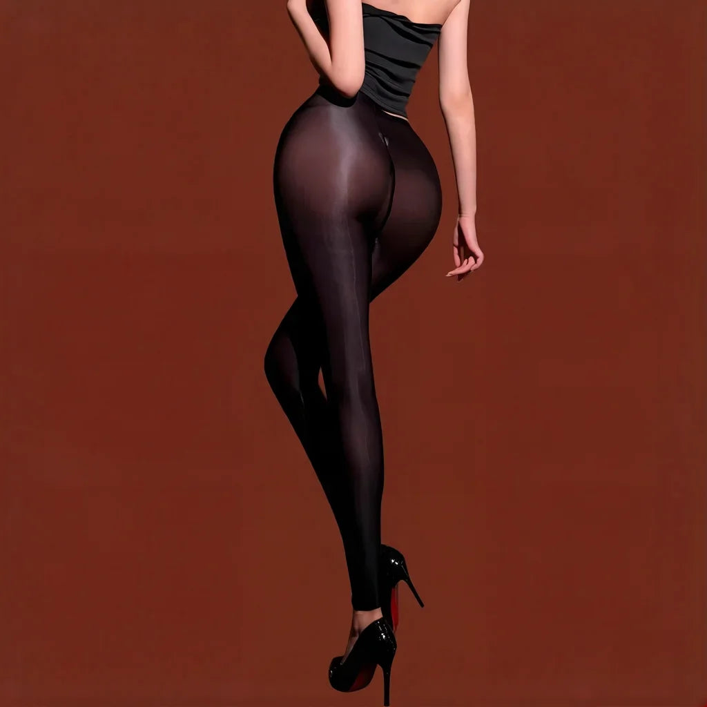 Women Thin Pants Sheer See Through Oil Shiny Leggings Pencil Pants Elastic Smooth Shaping Slim Ninth Pants Maid Tights Plus Size