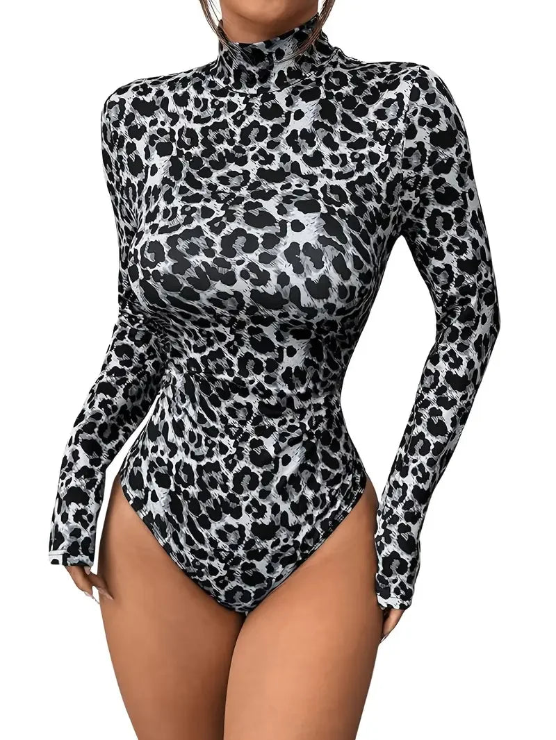 Leopard Print Long-Sleeve Stand Collar Bodysuit Sexy Cutout Stage One-Piece