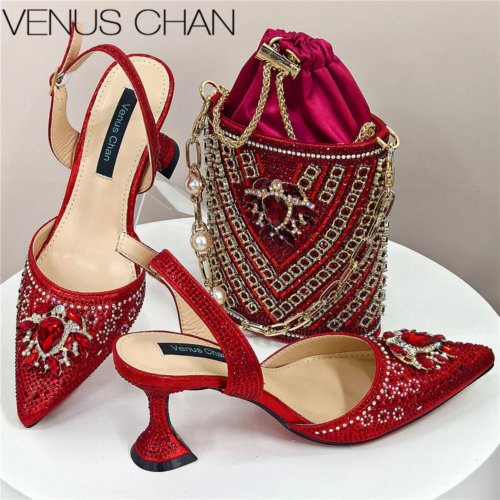Shoes and Bag Set With Rhinestone Handbag