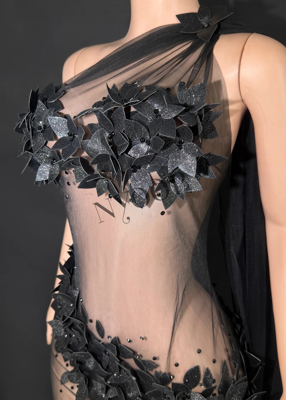 Sheer Rhinestone Applique Evening Gown Long Tail Showgirl Stage Performance Dress