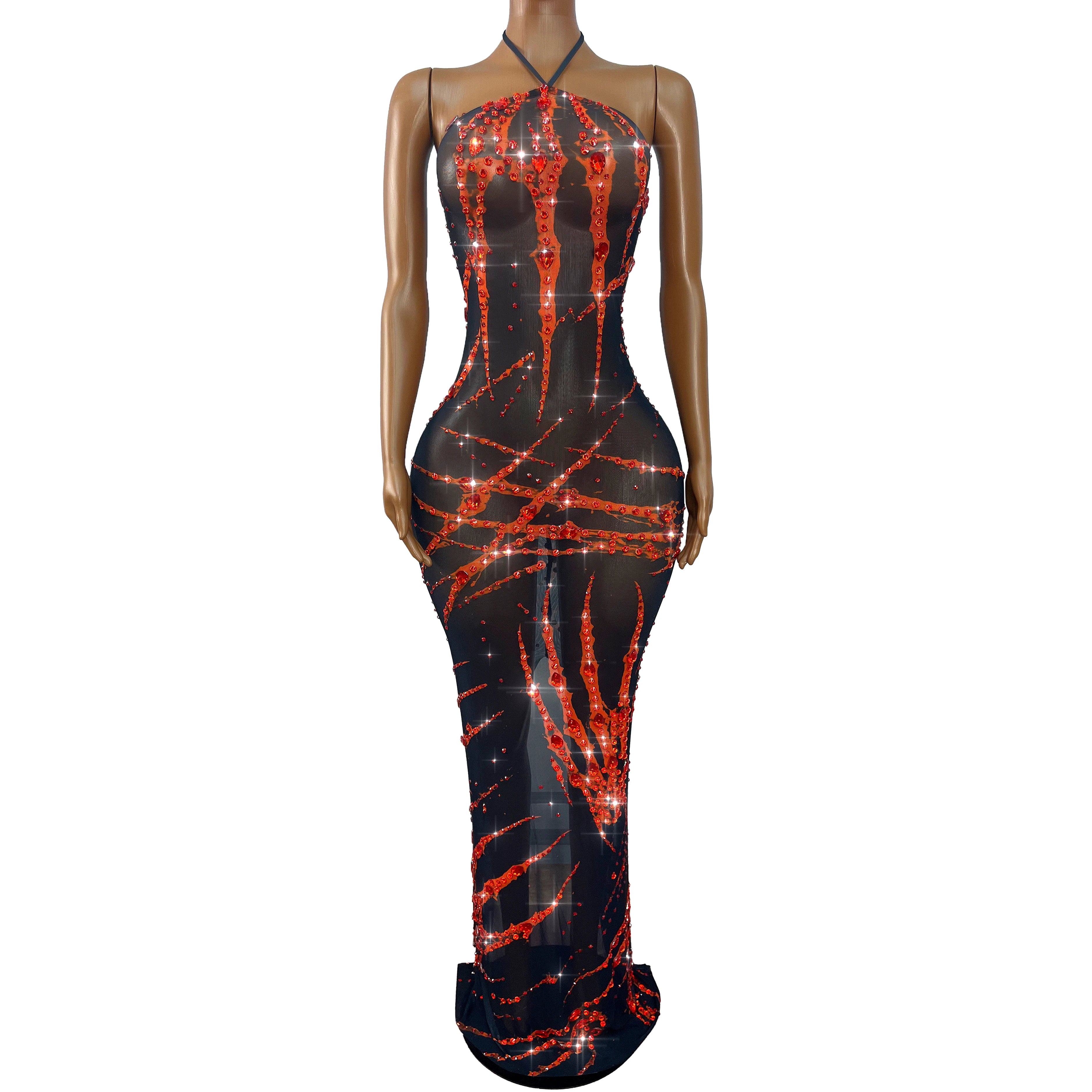 Crimson & Black Graphic Rhinestone Halter Maxi Gown Backless Illusion Evening Dress