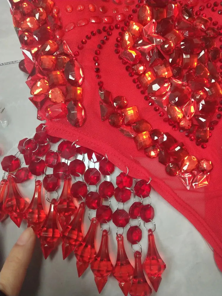 Sexy Nightclub Bar Gogo Dance Costume Red Rhinestones Fringe Mesh Bodysuit Gloves Performance Stage Wear Party Show Rave Outfits