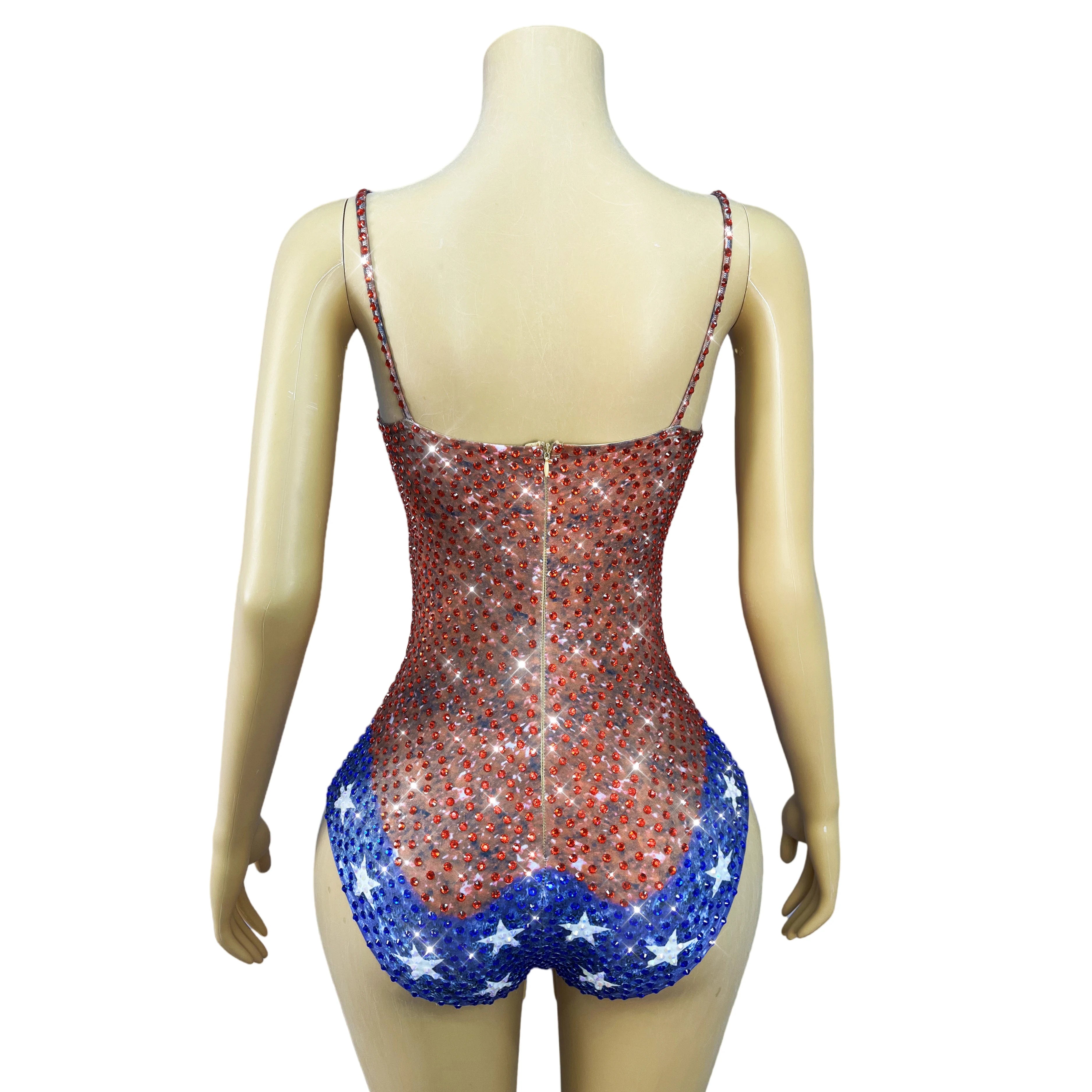 Twinkling Rhinestone Stars High-Cut Stage Bodysuit Dance Performance Leotard
