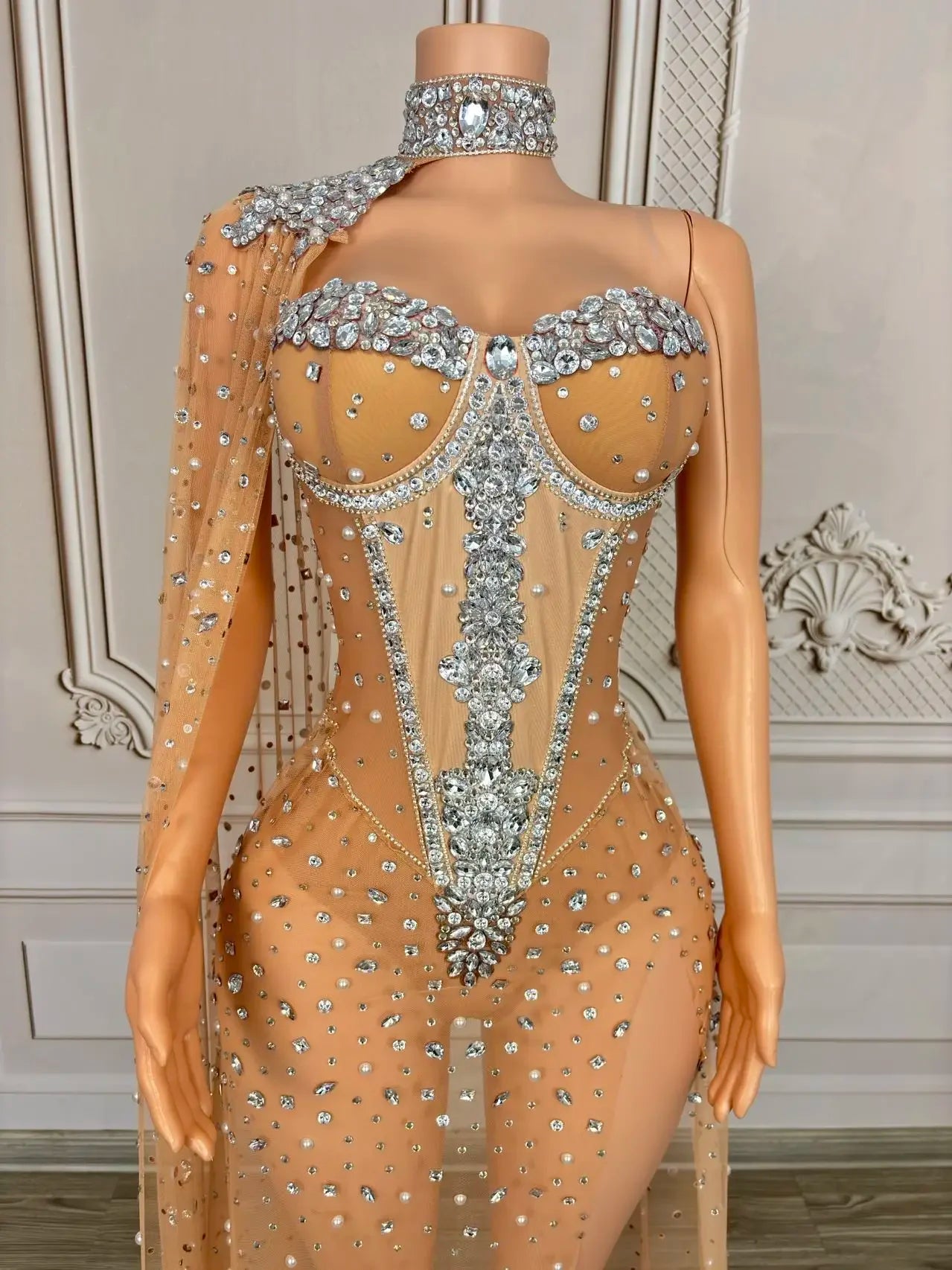 Sparkly Rhinestone & Pearl Mesh Evening Gown with Cloak Sleeves Stage Costume