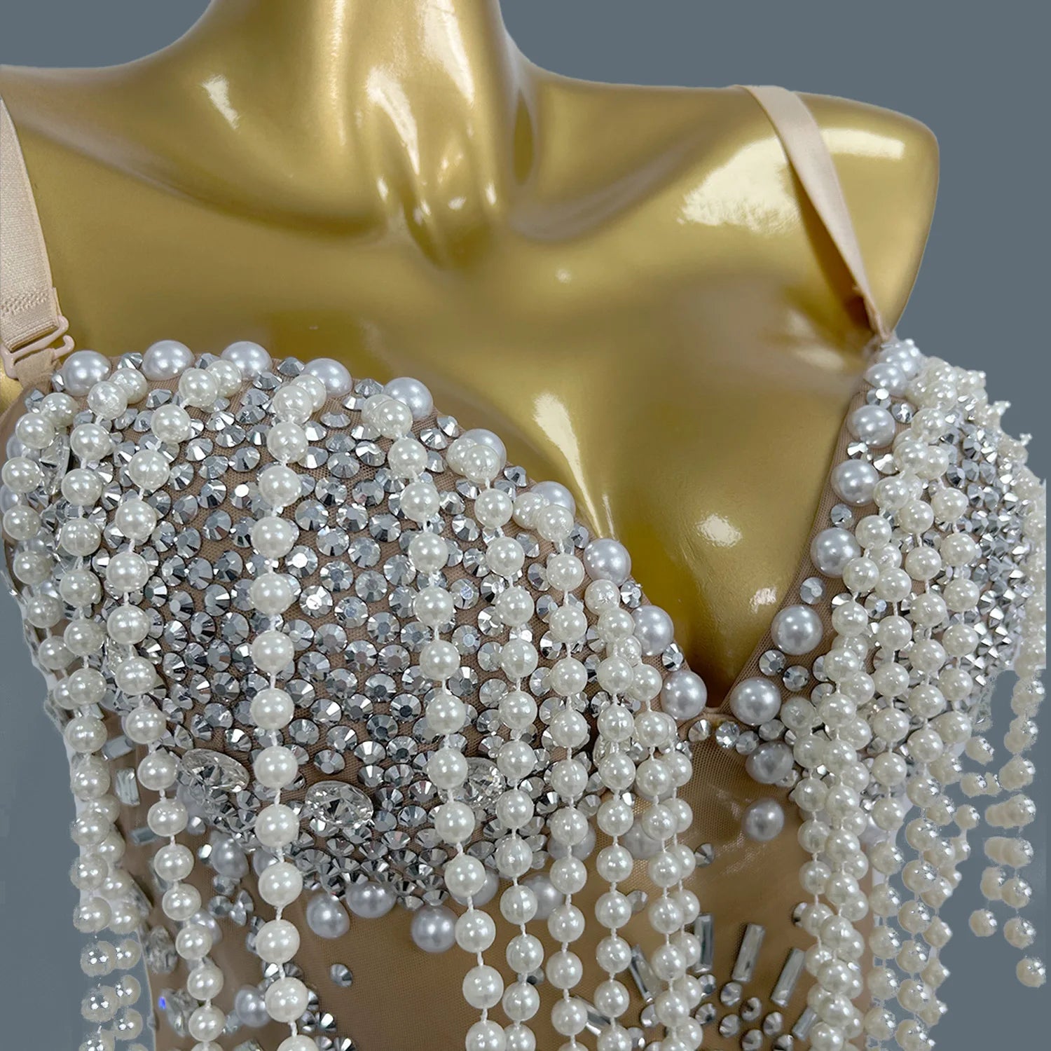 Nude Sheer Mesh Rhinestone Pearl Tassel Bodysuit Stage Performance Leotard