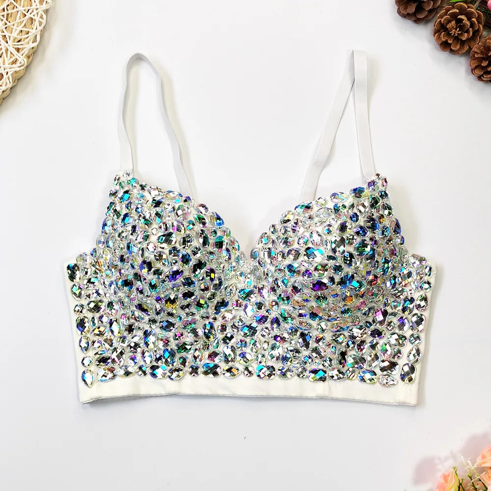 Rhinestone Glitter Bustier Corset Top Hook-and-Eye Nightclub Party Bralette