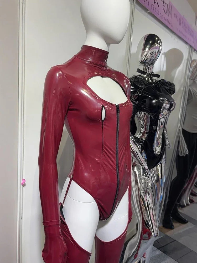 Faux Latex PU Leather Hollow-Out Breast Zipper Bodysuit & Stockings Set