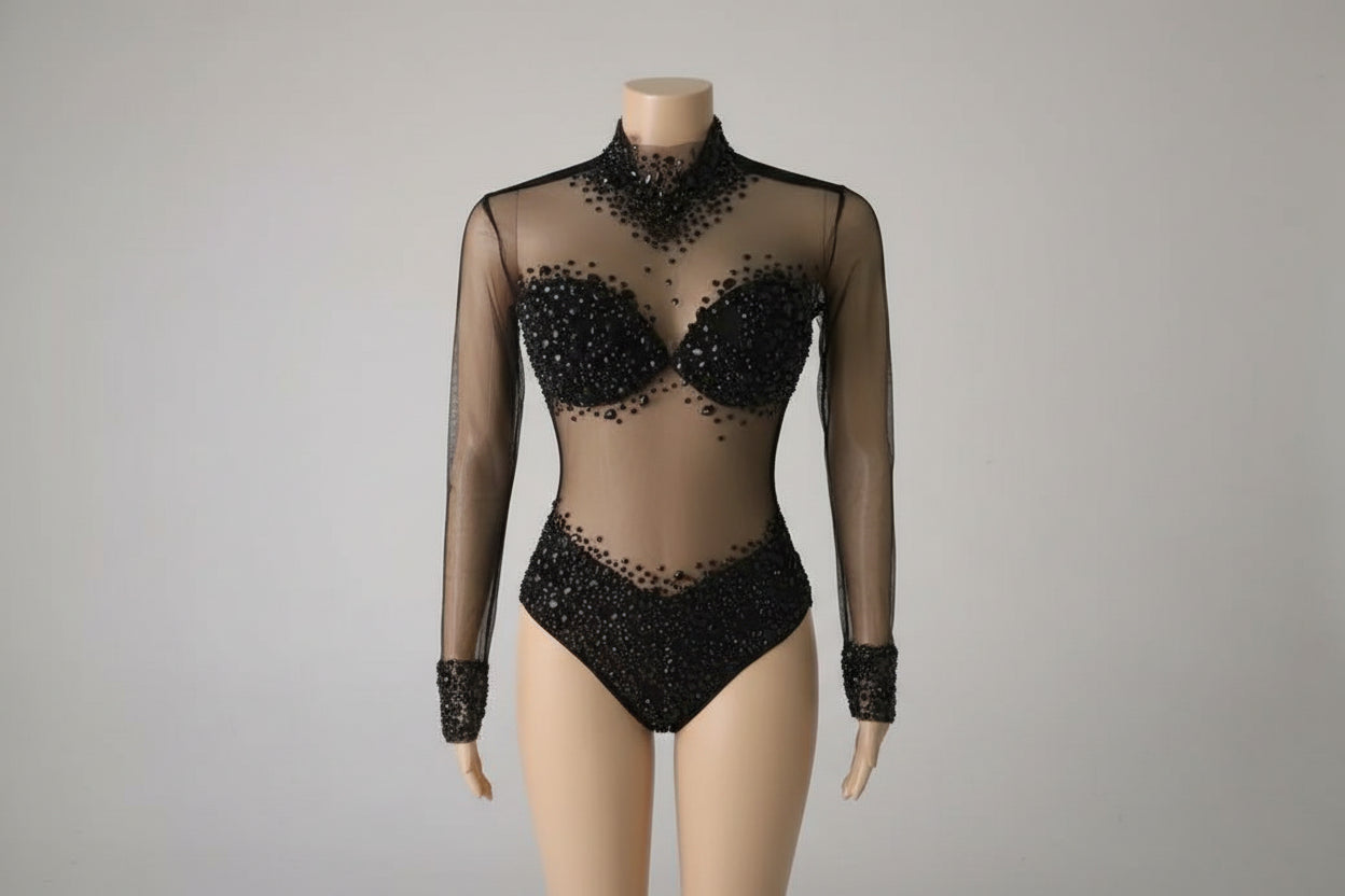 Rhinestone Encrusted Mesh Performance Bodysuit
