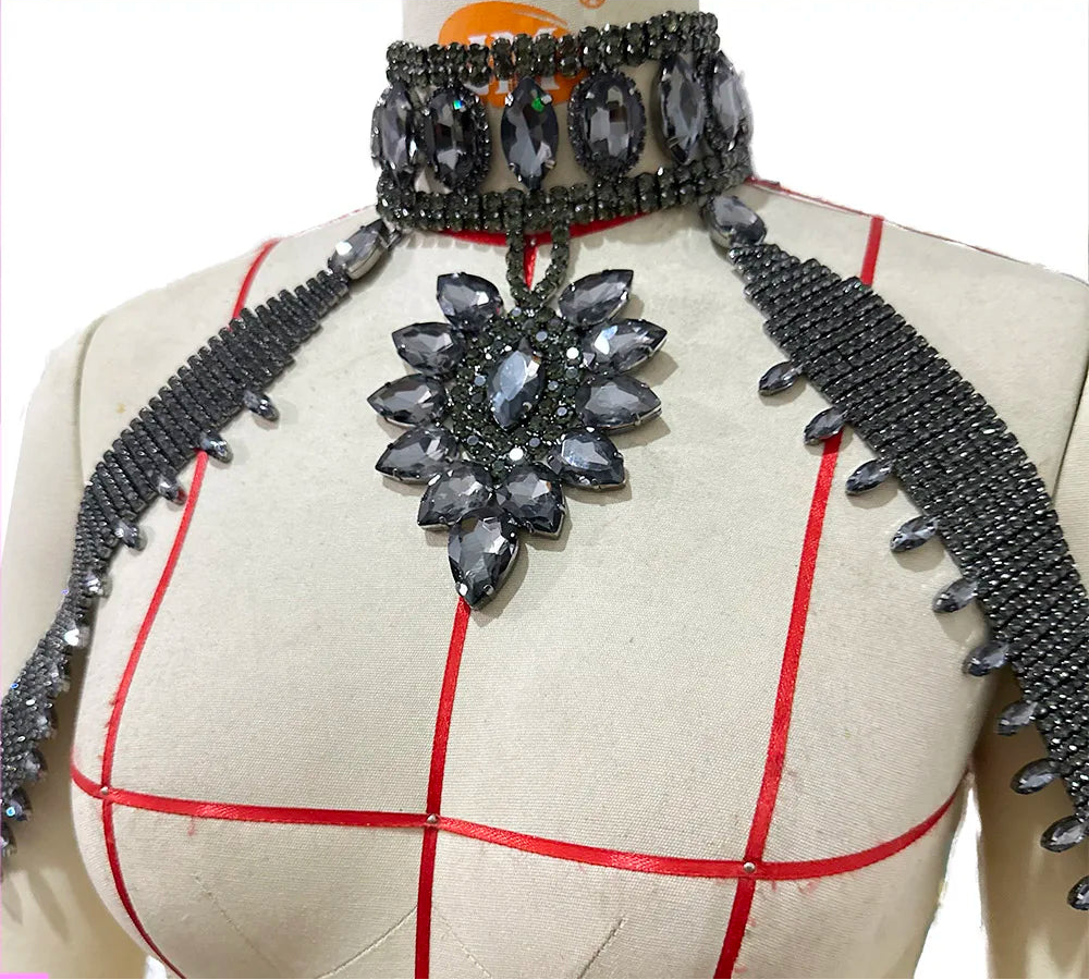 Rhinestone Shoulder Choker Necklace & Bracelet Jewelry Set