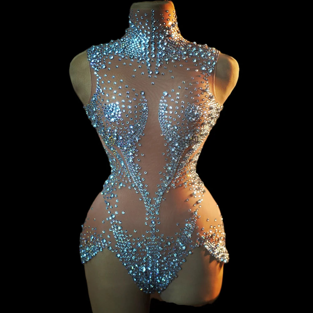 Crystal Mesh See-Through Pole Dance Leotard & Rhinestone Bodysuit Romper