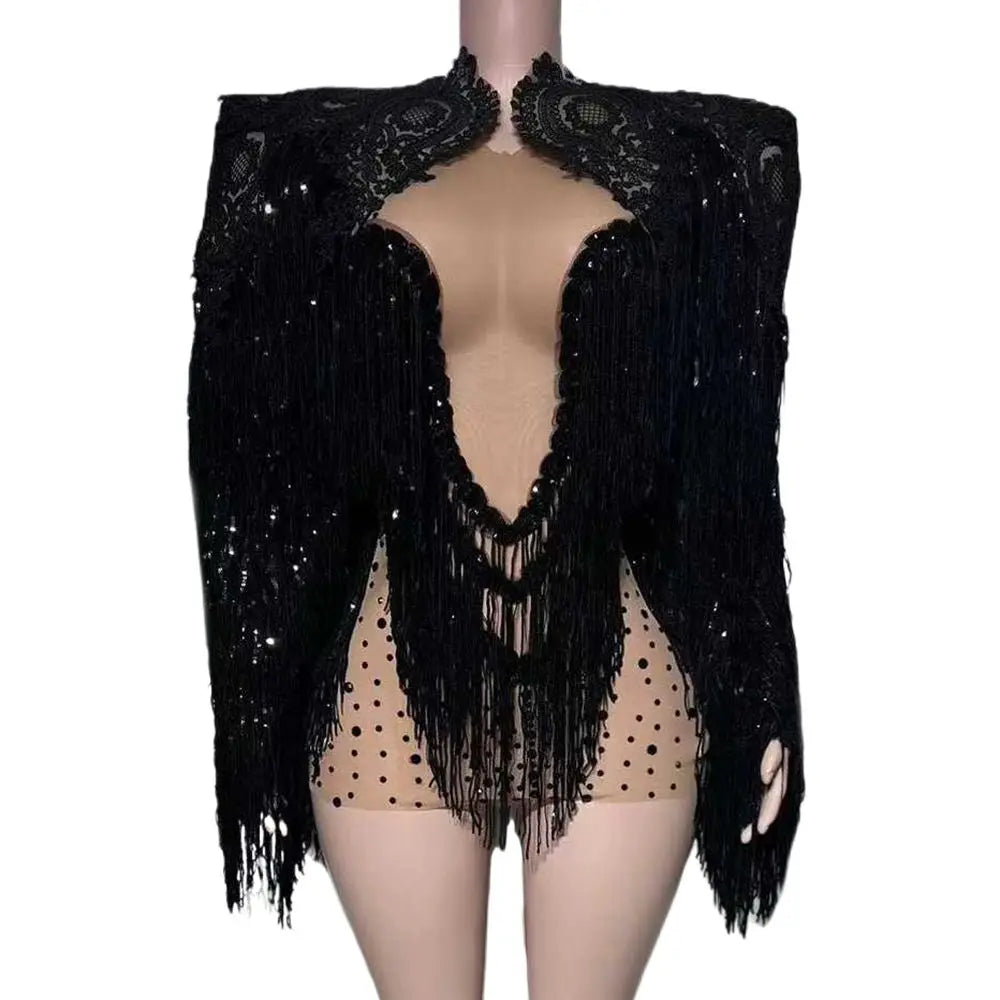 Sparkly Black Rhinestone Fringe Dress & Shawl 2-Piece Set Stage Performance Costume