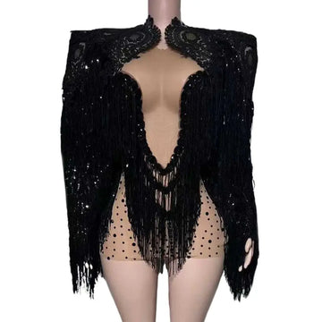 Sparkly Black Rhinestone Fringe Dress & Shawl 2-Piece Set Stage Performance Costume