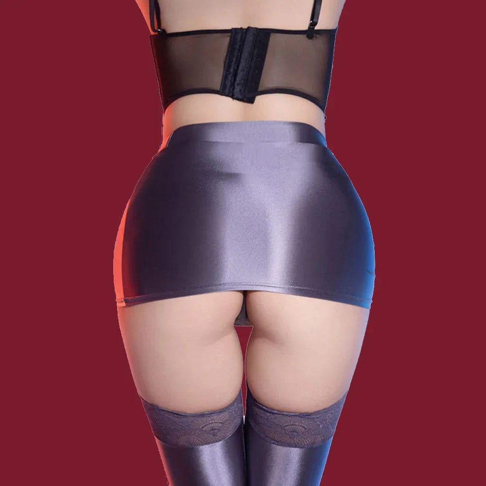 Women Oil Glossy Shiny Micro Mini Skirt Stain Smooth Tight Maid Pencil Skirt Elastic Packet Hip Sweet Girl Shaping Cute Skirt