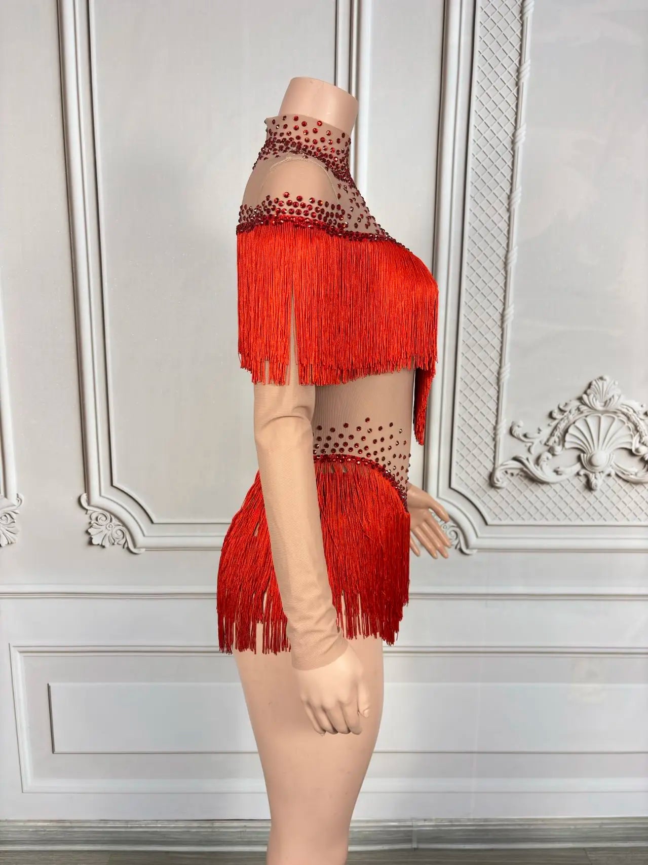 Sparkly Rhinestone Tassel Fringe Dance Performance Costume Stage Bodysuit