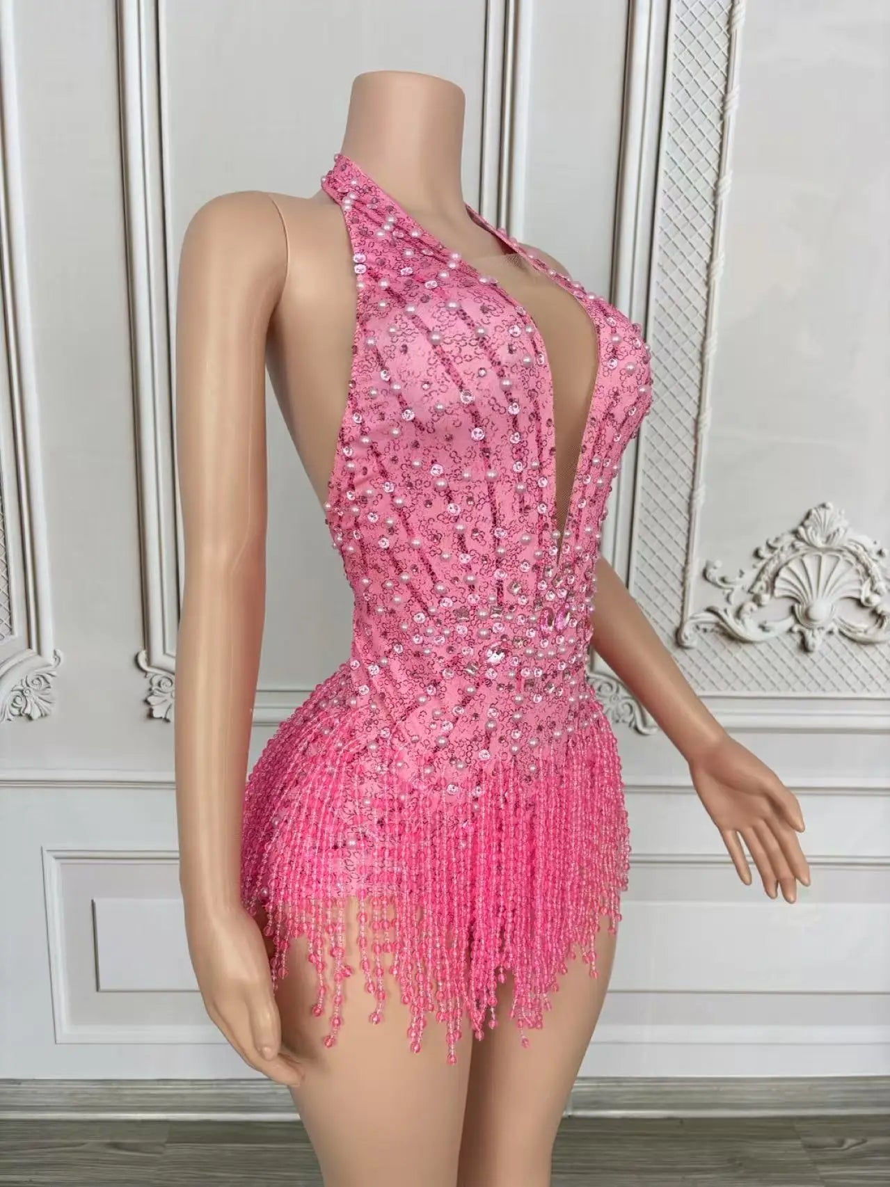 Crystal Rhinestone Fringe Sleeveless Bodysuit & Aerial Dance Leotard Costume