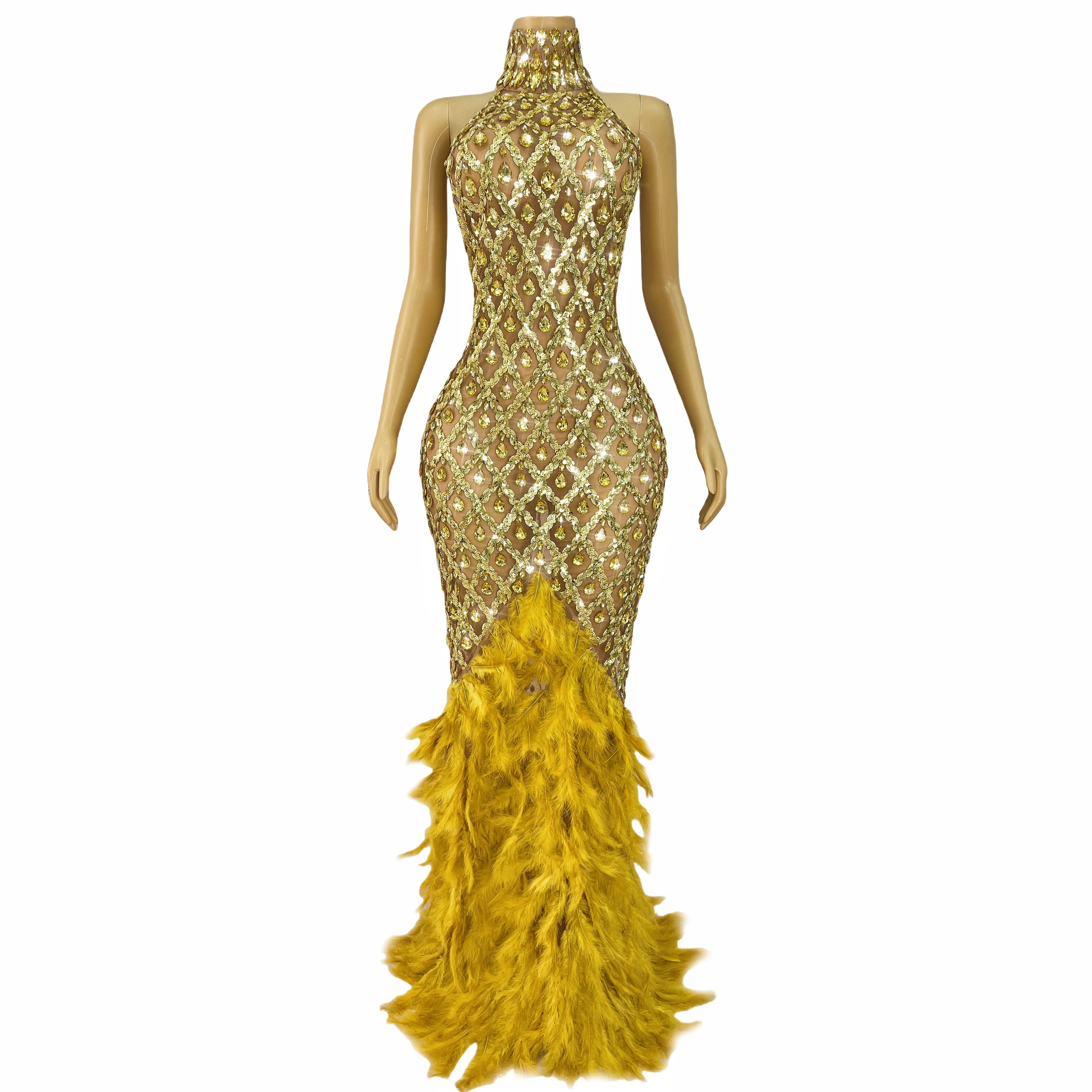 Sparkly Rhinestone Feather Sheer Mesh Evening Gown Stage Fashion Show Outfit