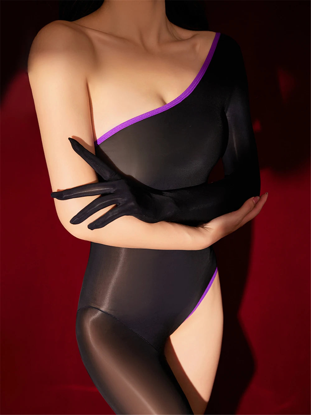 Asymmetrical Off-Shoulder Glove-Sleeve 5D Oil Glossy Single-Leg Bodysuit Leotard