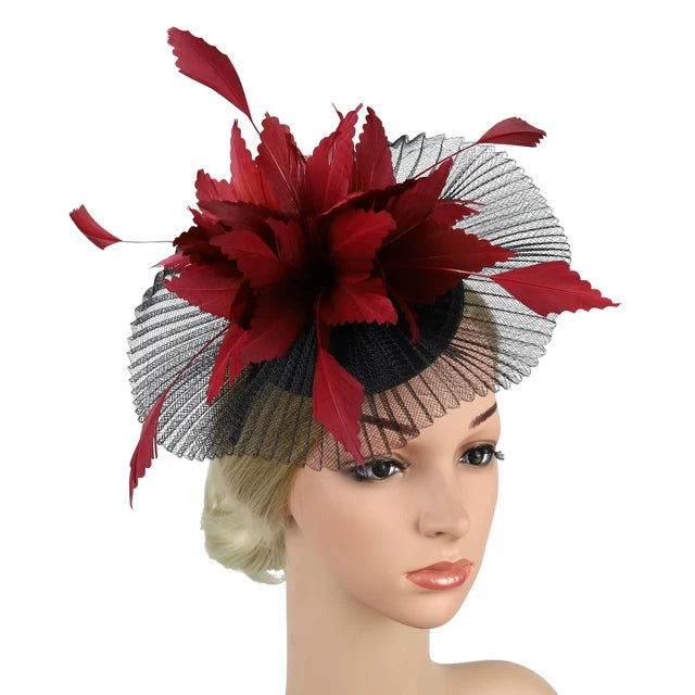 Women's Feather Flower Fascinator Hat with Bridal Net Veil