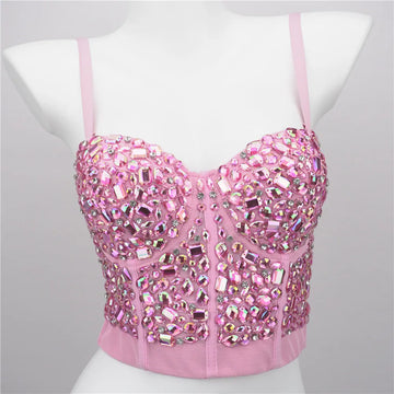 The Stardust Prism Siren – Sparkly Pink Rhinestone & Beaded Bustier Corset Crop Top