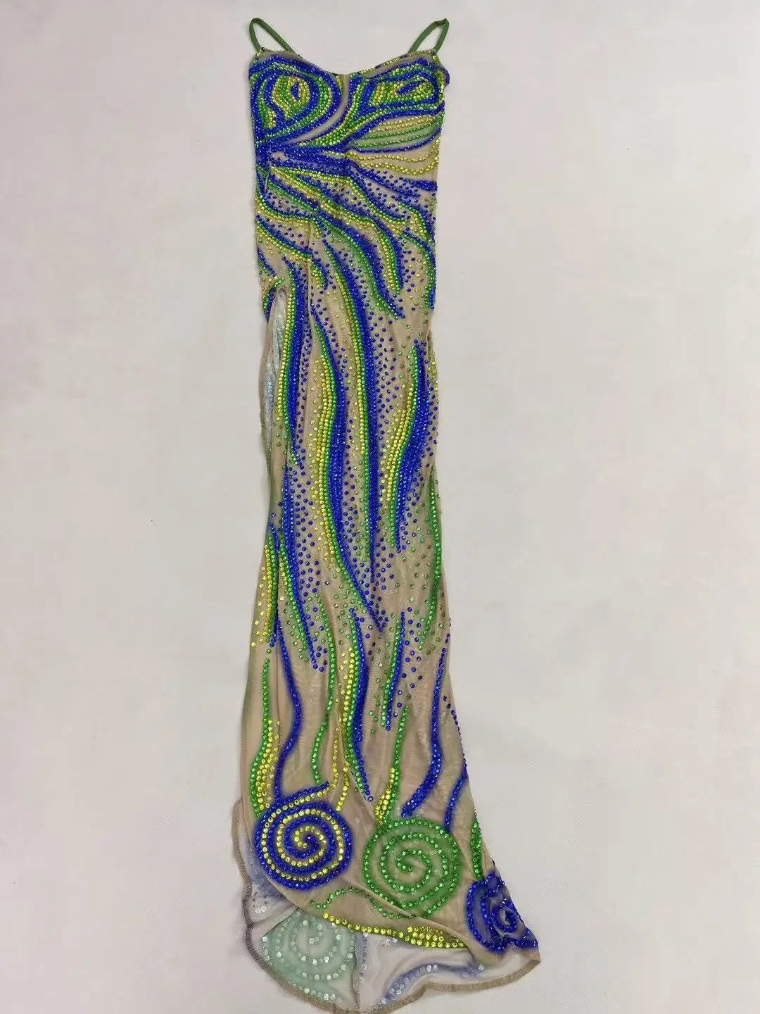 Sparkly Green Rhinestone Strip Split Maxi Dress Sheer Mesh Stage Performance Costume