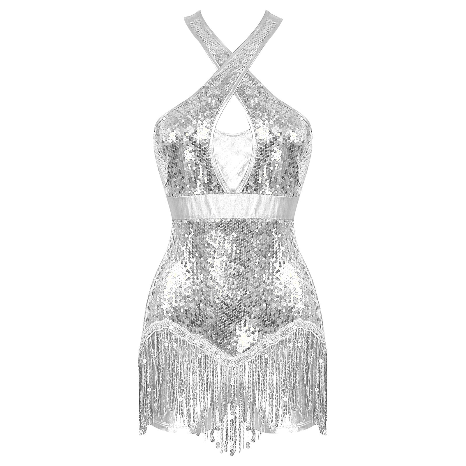 Sequined Fringe Cross-Front Latin Dance Leotard Costume Dress