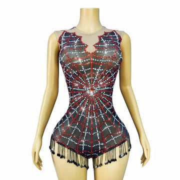 Sparkly Black Mesh Rhinestone Sheer Illusion Bodysuit Stage Performance Costume